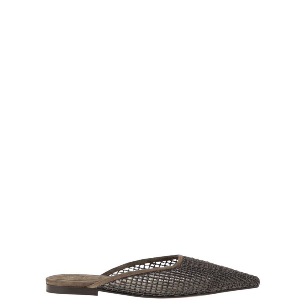 Brunello Cucinelli Women Suede Mules With Precious Net Embroidery